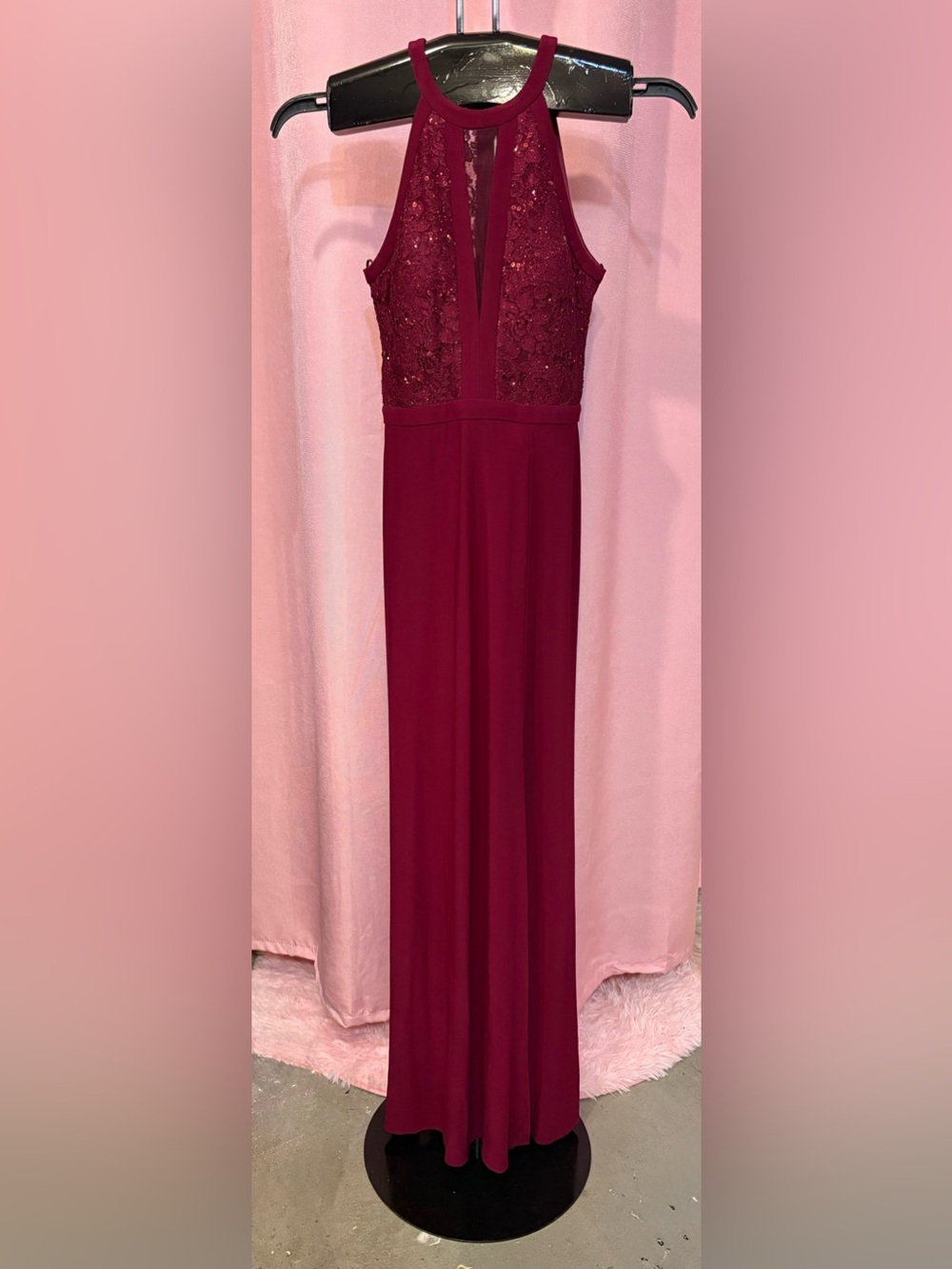 Night Way Collections Wine-Red Lace Halter Maxi Dress Size 2
